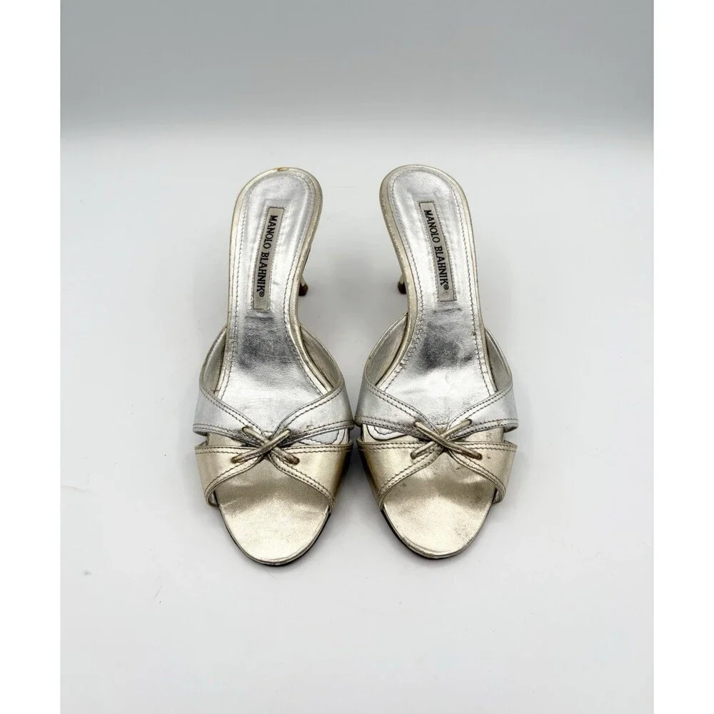 Manolo Blahnik Silver & Gold Metallic Kitten Heel Mules Vintage Size EU 35.5